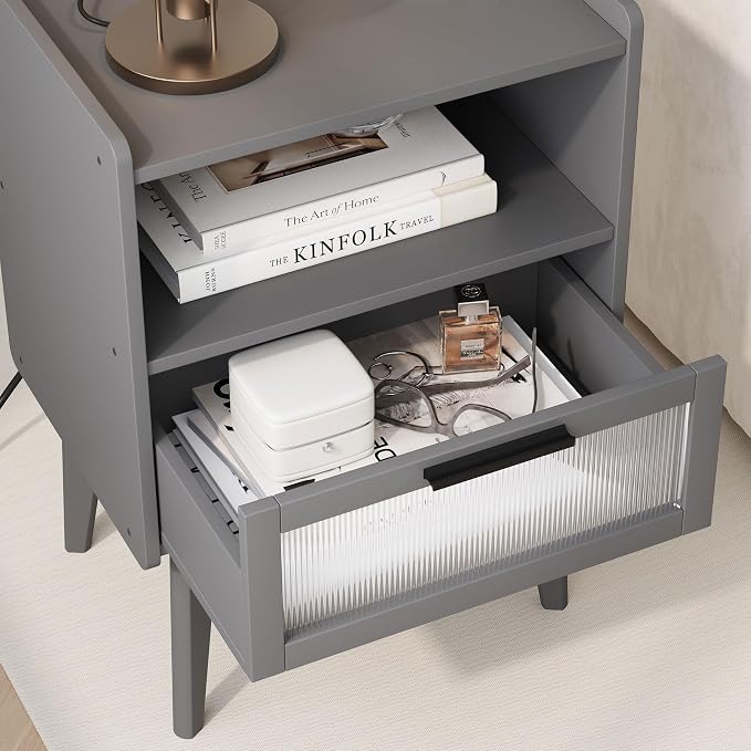 MMEOLUOOK Nightstand with Charging Station, Bedside Tables Grey End Table Side - Image 7