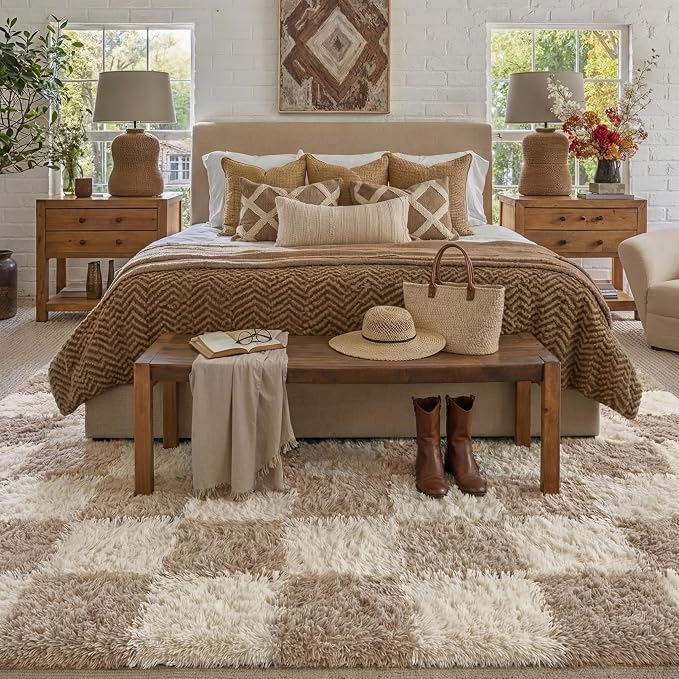 Beige 7x10 Area Rug for Living Room Soft Checkered Shag Carpet | Machine - Image 4