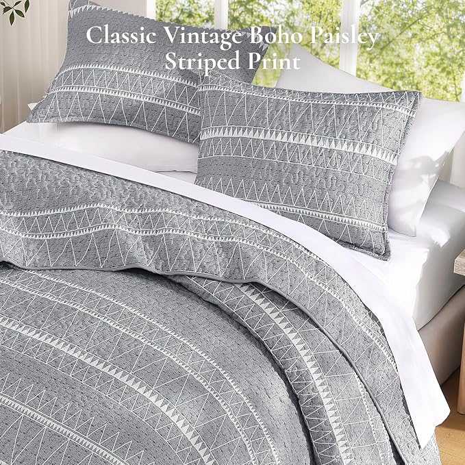 Oversized Super King Quilt Set Grey, 3 Pieces Striped Bedspread | Boho Soft - Image 4