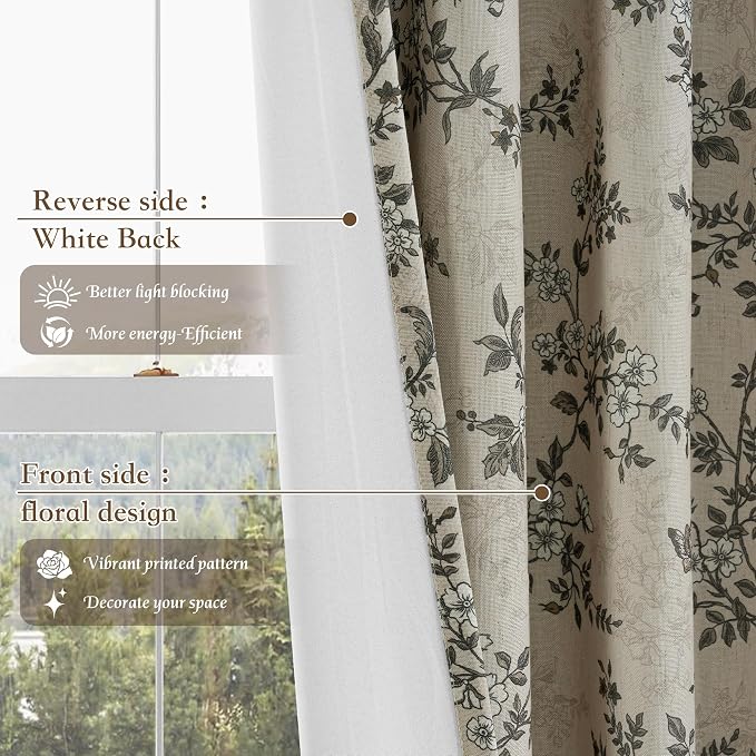 Linen 100% Blackout Floral Curtains, W52 x L84, 2 Panels | Farmhouse Vintage - Image 5