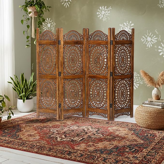 Lightnpro Wood Heart Design Handmade Hinged Foldable Partition 4 Panel Room - Image 8
