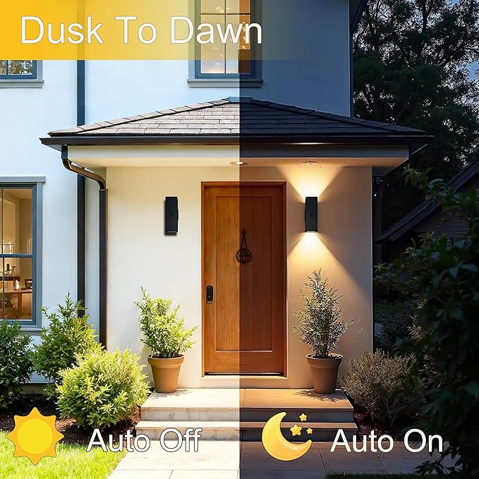 WISELUME Motion Sensor Outdoor Wall Lights, Dusk to Dawn Porch & Patio Sconce with E26 Dimmable LED Bulbs, Black Aluminum Up & Down Exterior Light Fixtures for Garage, Front Door, ETL Listed