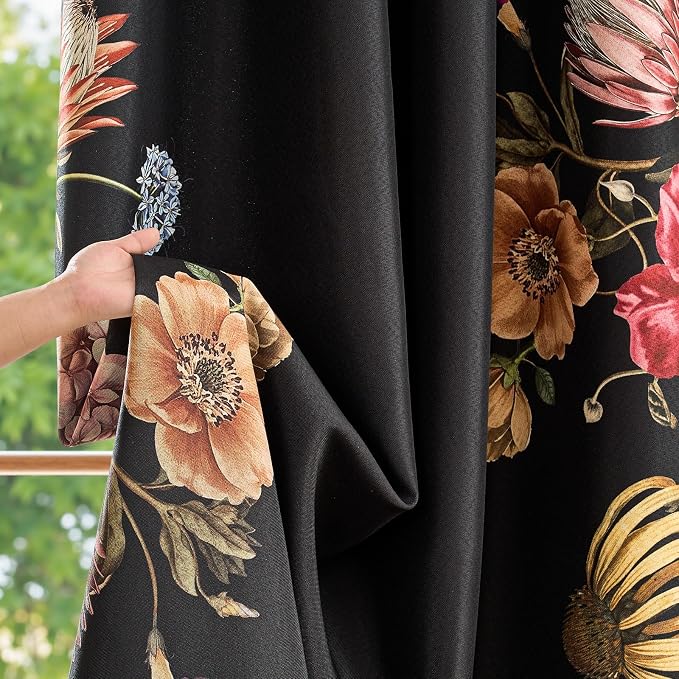 jinchan Black Floral Blackout Curtains 96 Inch Vintage Grommet 2 Panels | Room - Image 6