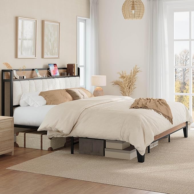 LIKIMIO King Bed Frames, Storage Headboard with Charging Station, Solid and Stable, Noise Free, No Box Spring Needed, Easy Assembly, Wood and Cream