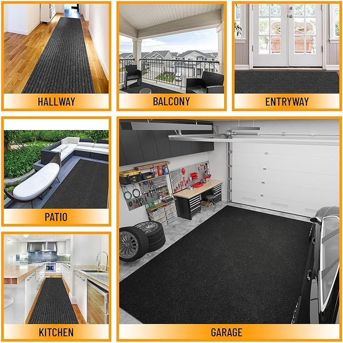 Ottomanson 2' x 12' Hallway Runner with Scraper Pile Extra Durable Non-Slip Rug Mat for Indoor & Outdoor Use - Ideal for Kitchen, Entryway, Patio & Garage - High-Traffic Carpet, Black