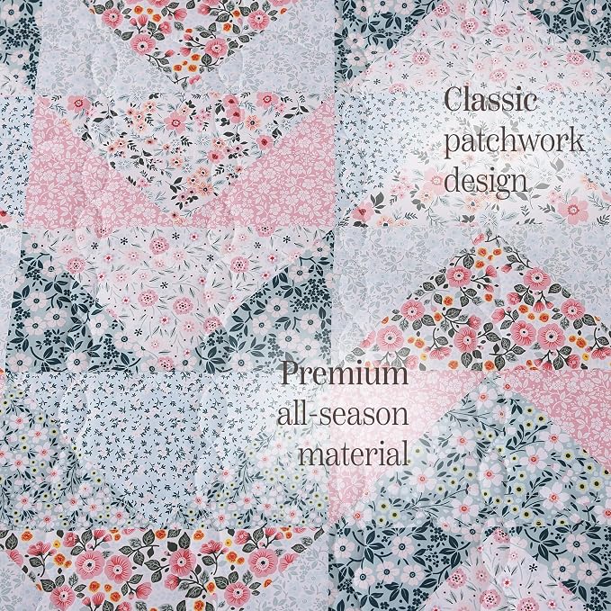 Queen Quilt Set-3 Pieces Soft Bedding Lightweight Floral Patchwork Coverlet | - Image 6