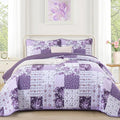 Anibedding Purple Patchwork Quilt Set King, Rose Floral Plaid Bedspread | by Anibedding