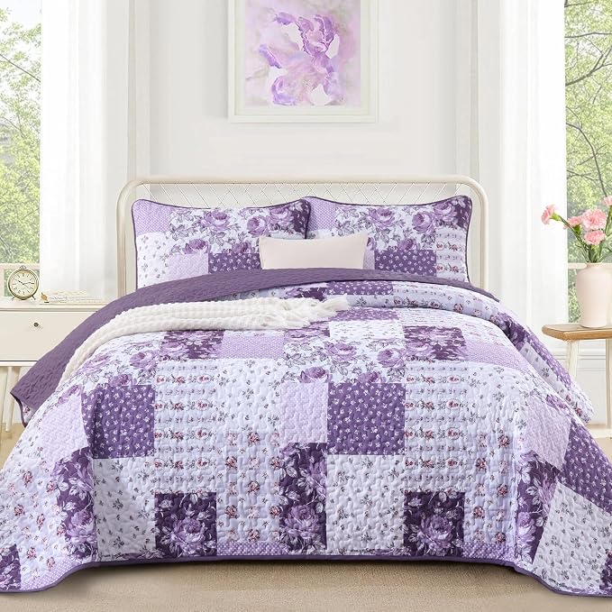 Anibedding Purple Patchwork Quilt Set King, Rose Floral Plaid Bedspread | by Anibedding