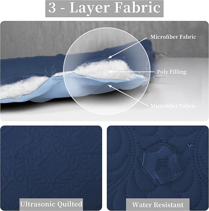 Easy-Going Full/Queen Size Reversible Quilt Set with 1 Quilt and 2 Pillow Shams, Soft Bed Quilt Cover, Water Resistant Lightweight Bedspread, Stain Resistant, Olive Leaf-Dark Blue/Light Blue