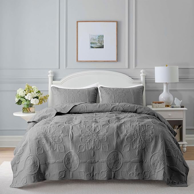 Dark Grey Damask Quilt Queen Size Bedding Sets by B2EVER