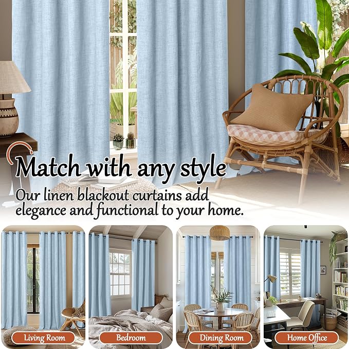 Baby Blue Linen Blackout Curtains 63 Inch Long Each 38 Wide 2 Panels | Thermal - Image 7