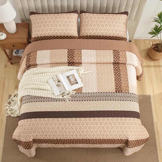 WONGS BEDDING Brown Stripe Quilt Set, 3 Pieces Boho Bedspread Queen Size | - Image 3