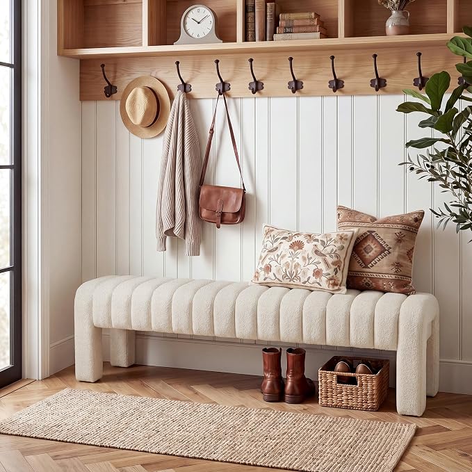 63" Upholstered Bed Bench, Linen Beige | Channel Tufted, Entryway Accent Window by Zibeths