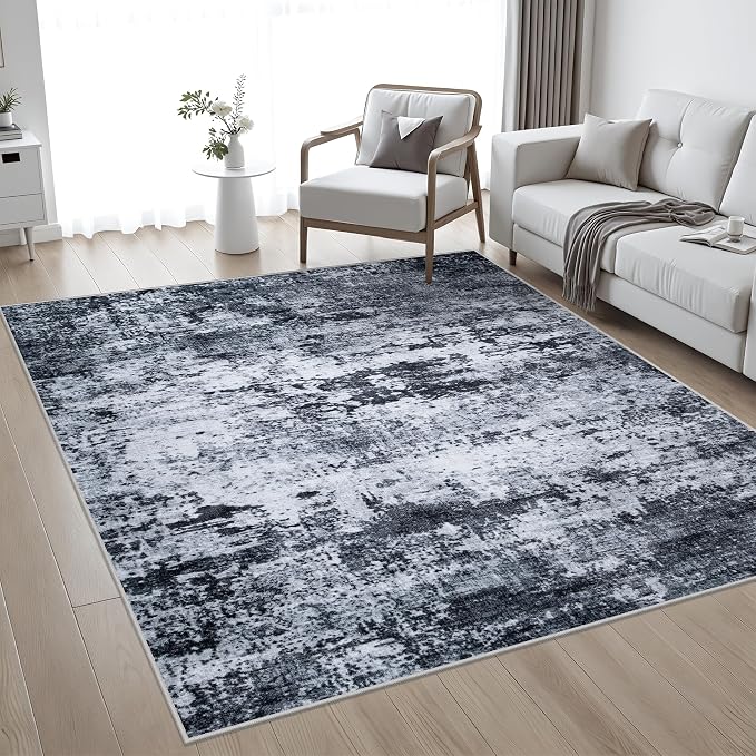 Area Rug Living Room: 6x6 Modern Washable Indoor Carpet Black | - Image 2