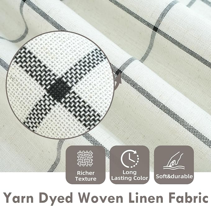DriftAway 100% Blackout Windowpane Plaid Linen Curtains 45 Inches Black | - Image 2