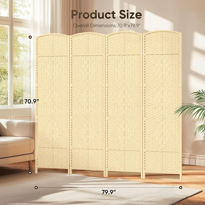 Rattan Room Divider, 4-Panel Folding Privacy Screen 6ft. Extra Wide | Room - Image 2