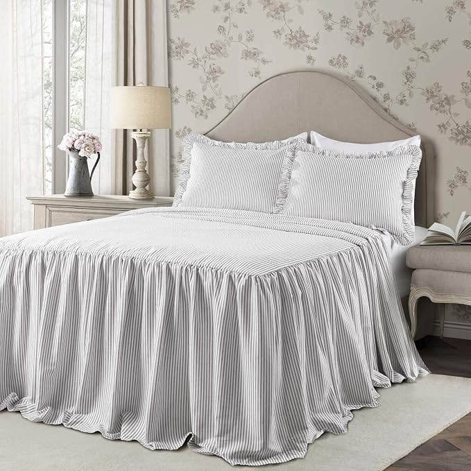 Lush Decor Ticking Stripe Bedspread Queen Size 3 Piece Set Gray - Image 2