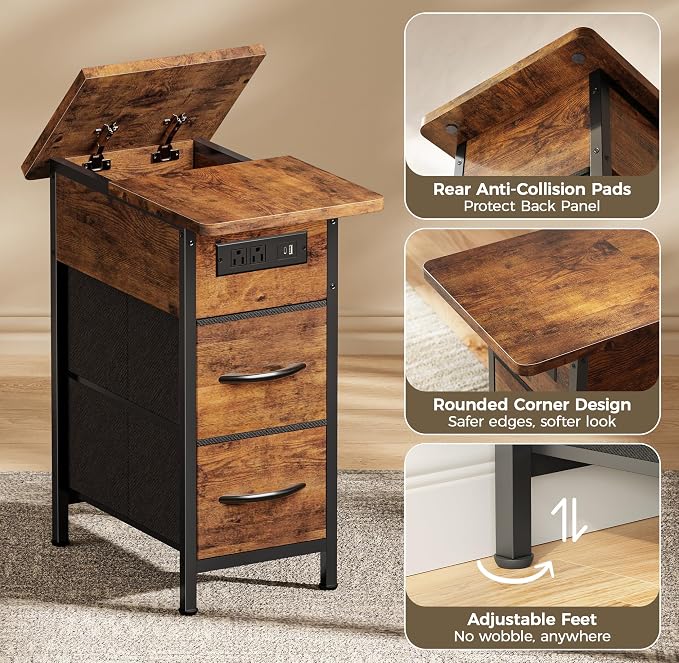 Huuger Narrow End Table with Charging Station, Side Table with 2 Drawers | Slim - Image 9