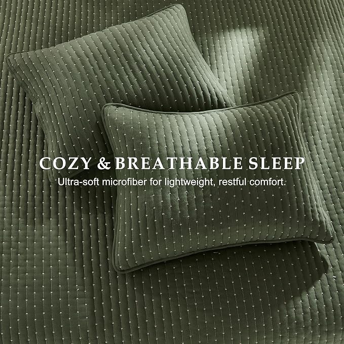 WDCOZY Olive Green Cross Stitch Queen Size Quilt Set, Striped Lightweight Soft - Image 7