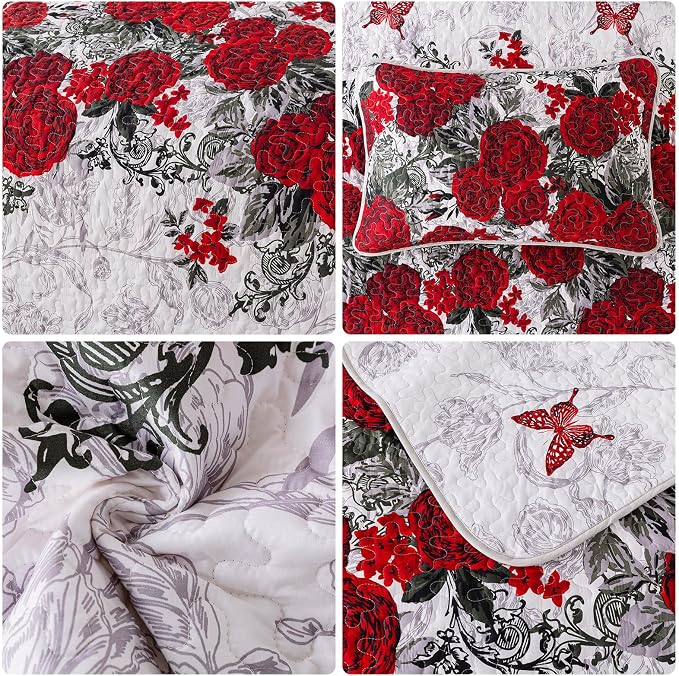 Yiran Full Size Quilt Red, Rose Floral Bedspread Bedding Set | 3 Pieces - Image 7