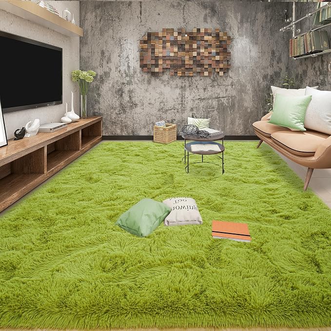 Fluffy Grass Green Rugs for Living Room Bedroom, 8x10 Soft Area Rug Moss Green by Tepook