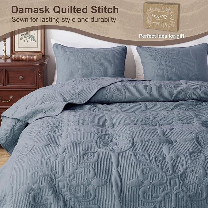 B2EVER Blue Damask Quilt King Size Bedding Sets - Image 4