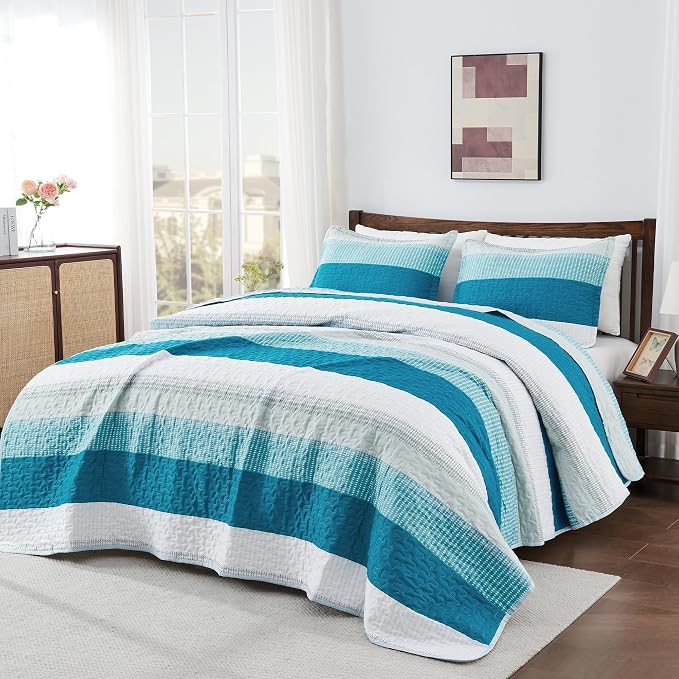 Queen Quilt Set Teal White, 3 Pieces Striped Bedspread | Ultra Soft Summer - Image 6