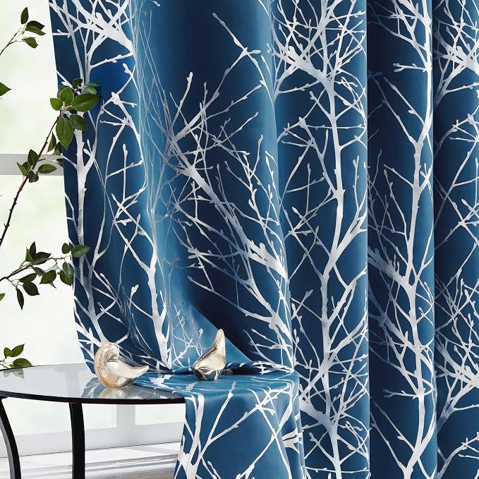 FMFUNCTEX 100% Blackout Navy Silver Foil Tree Curtains 63 Inch 2 Panels | by Fmfunctex