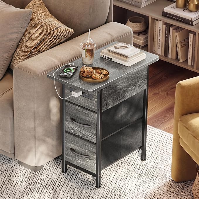 Huuger Narrow End Table with Charging Station, Side Table with 2 Drawers | Slim - Image 2