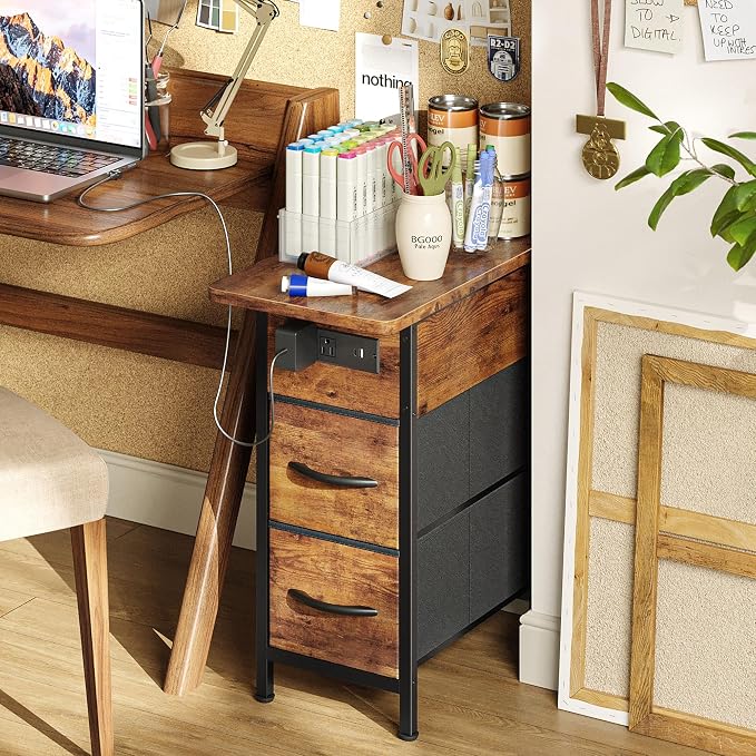 Huuger Narrow End Table with Charging Station, Side Table with 2 Drawers | Slim - Image 8