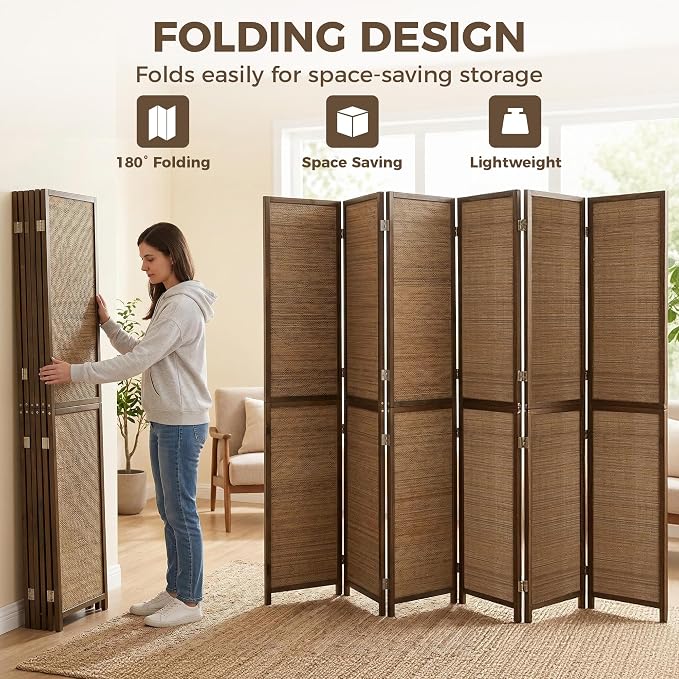 HOMCOM 6 FT Room Divider, 6 Panel Hand-Woven Bamboo Privacy Screen Brown | - Image 5