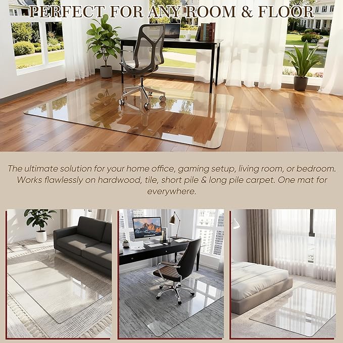 28"x48" Tempered Glass Office Chair Mat for Carpet & Hardwood Floor, 1/6" Thick Clear Floor Protector Desk Chair Mat with Rounded and Polished Edges