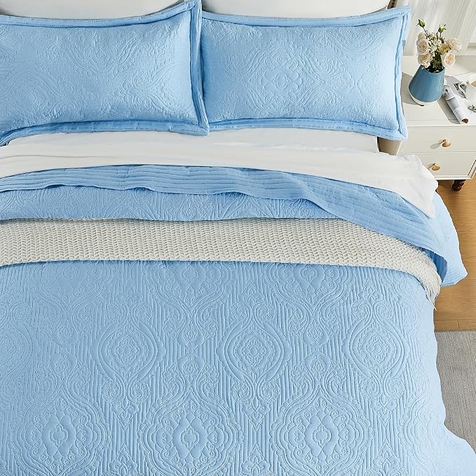 Light Blue Alaska King Quilt 132 x 120, Oversized King Bedspreads, 3 Piece Soft - Image 4