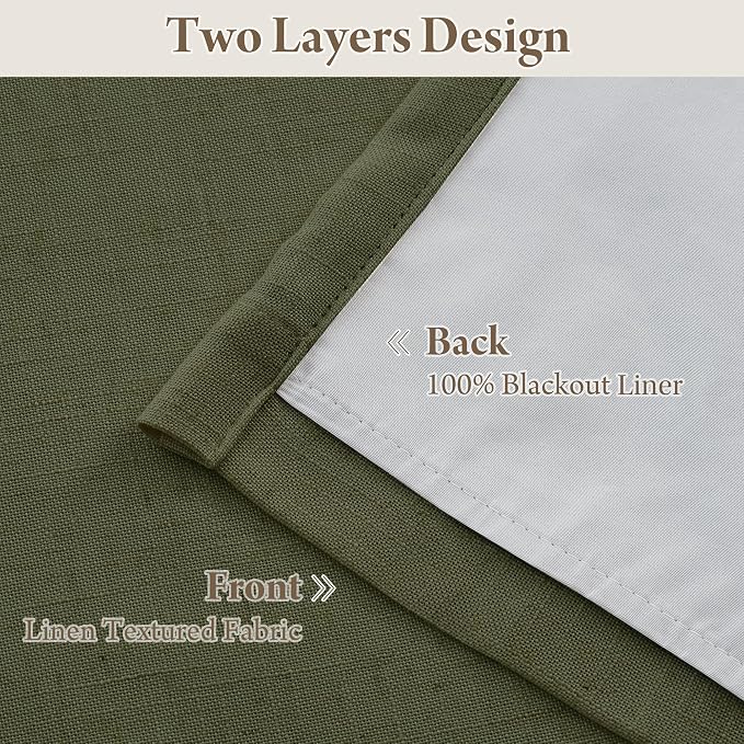 RYB HOME 100% Blackout Olive Green Pinch Pleated Linen Curtains - Image 4