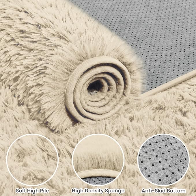 5x8 Fluffy Shag Area Rugs for Living Room Bedroom: Soft Plush Carpet Beige | - Image 6