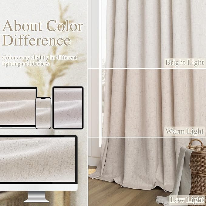 100% Blackout Linen Curtains for Bedroom 72 Inches Long Natural Cream Black Out - Image 7