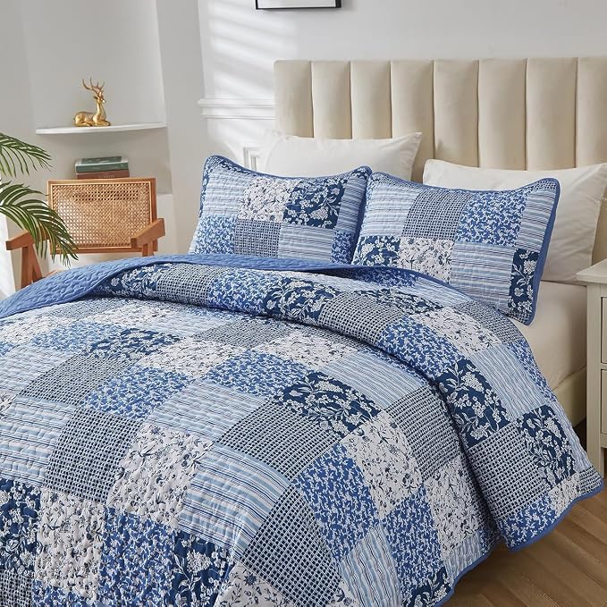 Mybedsoul Blue Quilt Set Twin Size Dorm Bedding, Patchwork Bedding Set | Soft - Image 2