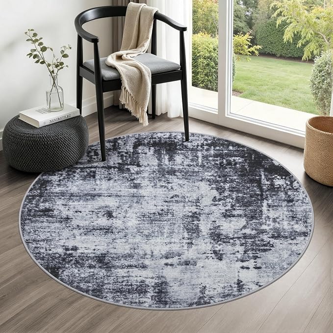Round Area Rug Living Room: 5 ft Modern Washable Carpet Dark | by FXRHLP