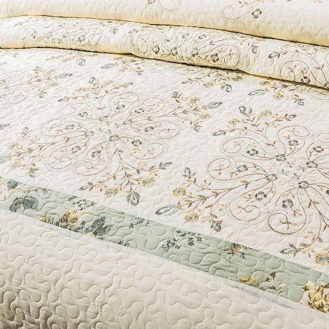 ROOMLIFE 100% Cotton Quilt Set King 3D Floral Embroidery Pattern 3-Piece | - Image 4