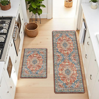 Boho Kitchen Mats for Floor 2 Piece Set Anti Fatigue Cushioned PVC Kitchen Rugs Non Slip Waterproof Farmhouse Mats 2/5 Inch Comfort Standing Mat for Sink, Laundry, 17.3"x47"+17.3"x28", Retro Red