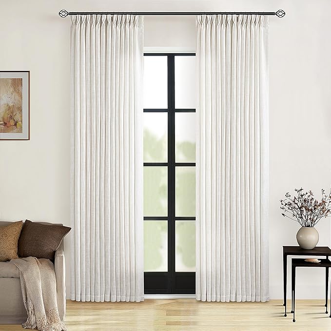 Neutral Pinch Pleated 86 Inch Curtains Semi Sheer Linen Blended Light Filtering Window Curtains 86 Inches Long for Living Room Bedroom Boho Cream Birch Pinch Pleat Drapes Rings Hooks 2 Panels Set