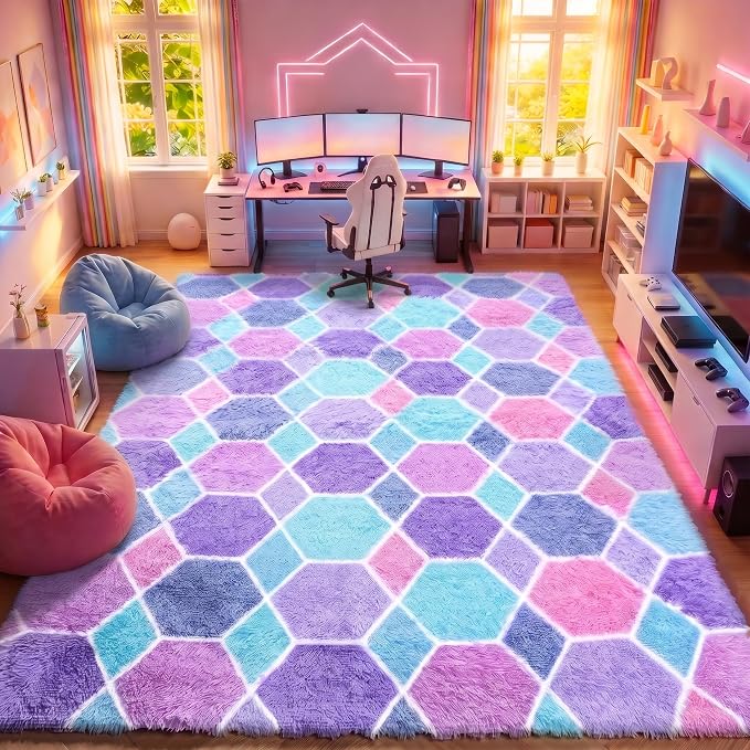 Checkered 8x10 Area Rugs for Living Room, Large Fluffy Purple Rainbow Colorful - Image 3