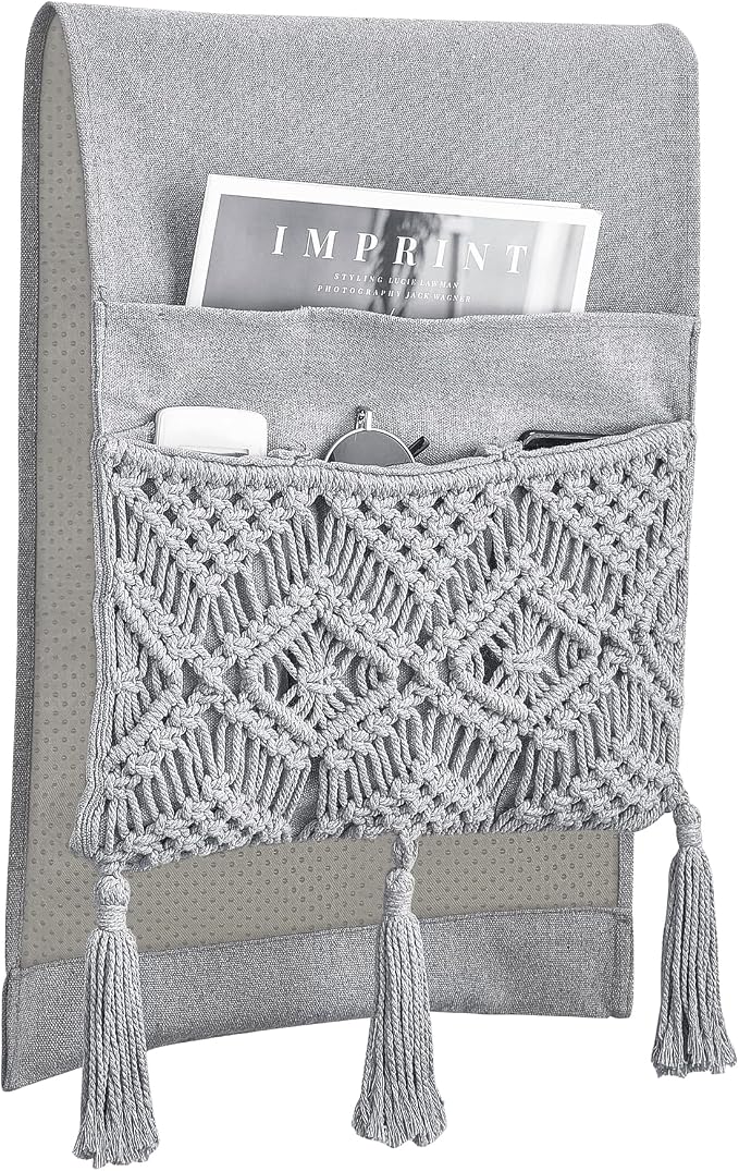 Mkono Macrame Armchair Caddy, Boho Couch Armrest Organizer, 4 Pockets Grey | - Image 5