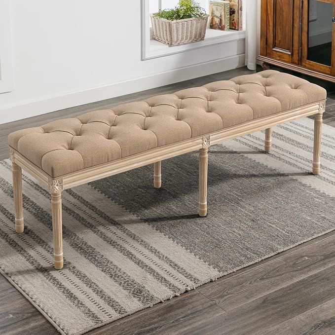 LUE BONA 60" Fabric End of Bed Bench, Upholstered Tufted French Bedroom Bench - Image 2