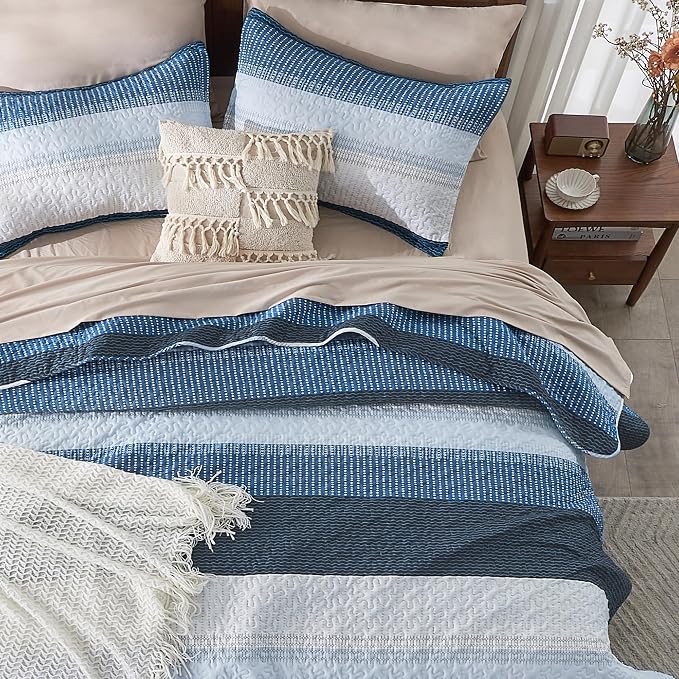 Navy Blue Quilt Twin, 2 Pieces Patchwork Striped Bedspread Set | Striped Quilt - Image 6