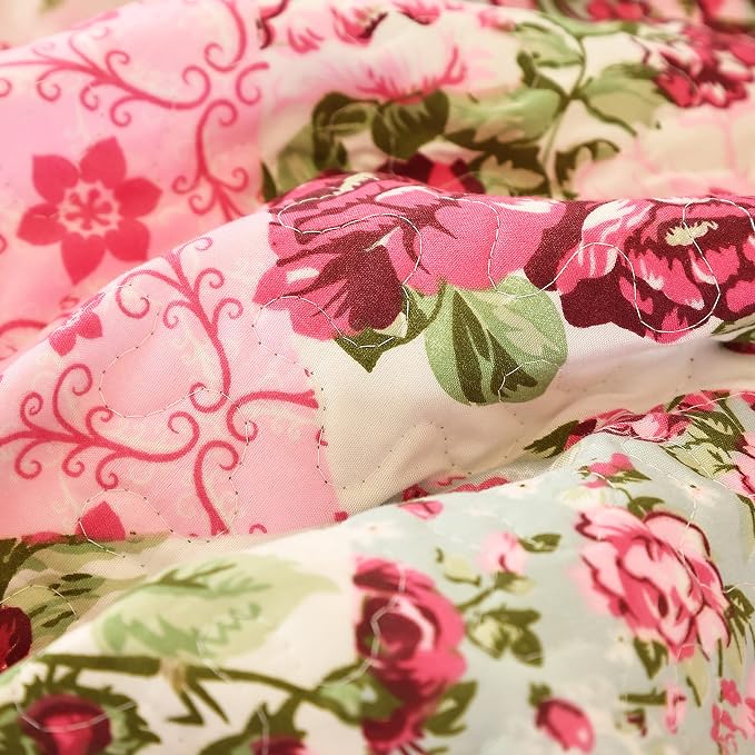 Cmfshape Summer Floral Queen Quilted Bedspread, Romantic Pink Quilt Set Bedding - Image 3