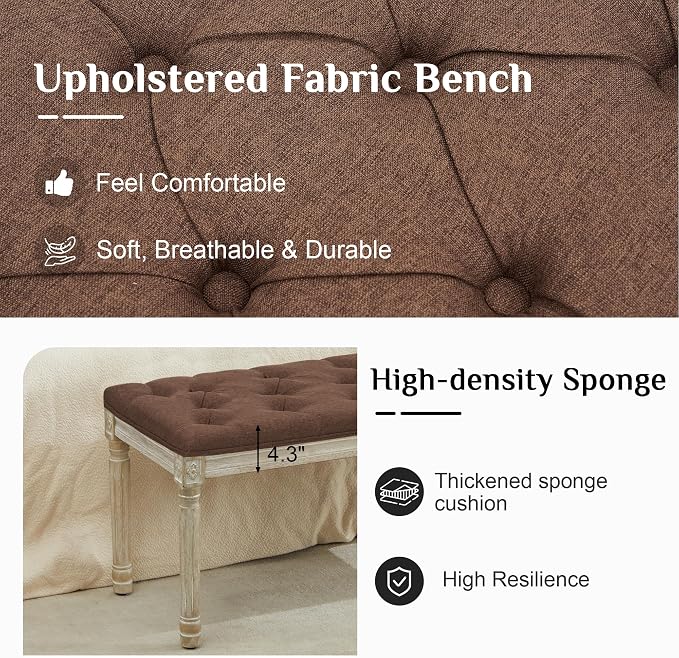 LOULENS 43.9" Linen End of Bed Bench, Vintage Bedroom Bench, Upholstered - Image 4