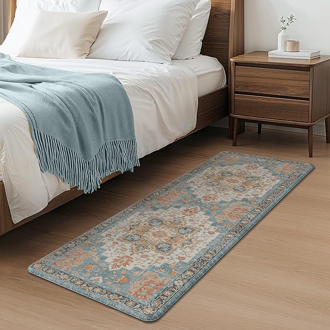 GENIMO Kitchen Mats for Floor 2PCs, Washable Anti Fatigue Mat for Cushioned, 17.3"x47"+17.3"x30", Waterproof Kitchen Rugs, Non Slip Comfort Standing Mat Rug for Home, Sink, Laundry, Blue&Salmon