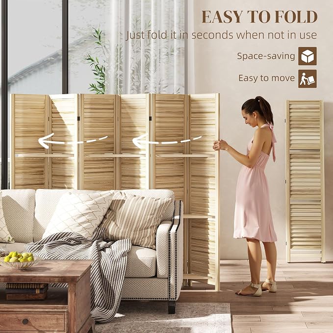 HOMCOM Room Divider with Shelves, 6 Panel, Natural Wood | Wood Privacy Screen - Image 4