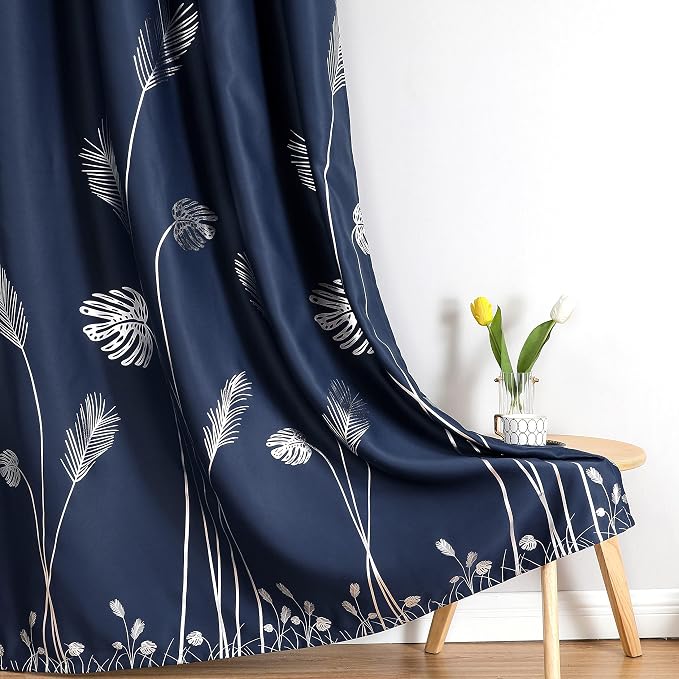 Navy Blue Blackout Curtains for Living Room 84 Inches Long Silver Palm Tree - Image 7